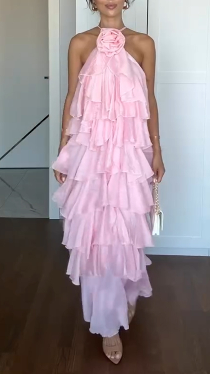 Ladies Neck Hanging 3D Printed Patchwork Layered Elegant Temperament Dress