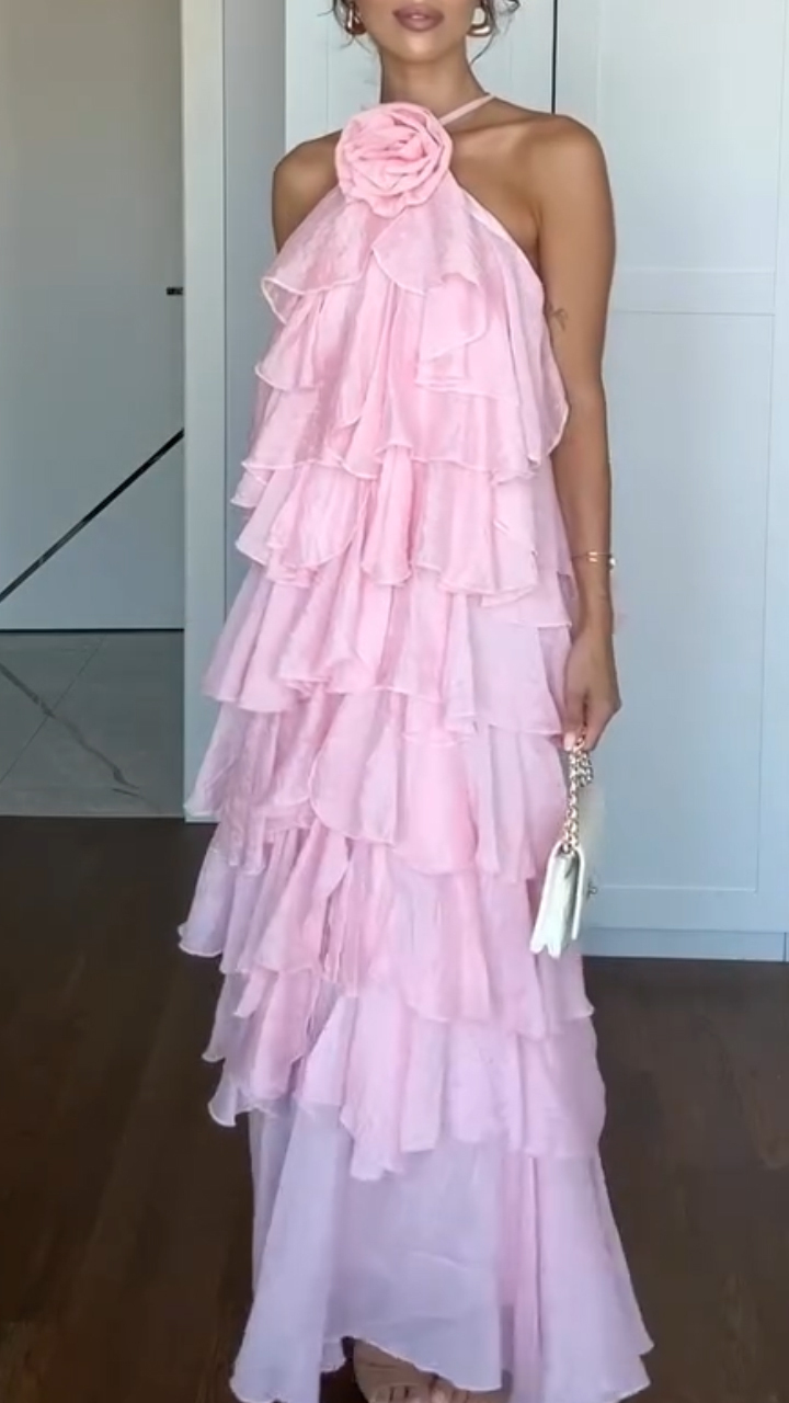 Ladies Neck Hanging 3D Printed Patchwork Layered Elegant Temperament Dress