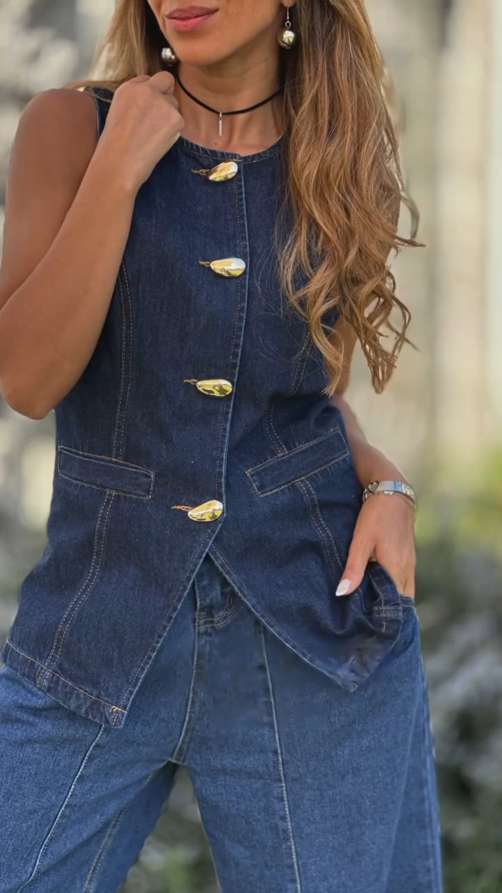 Ladies Round Neck Spliced Buckle Casual Top