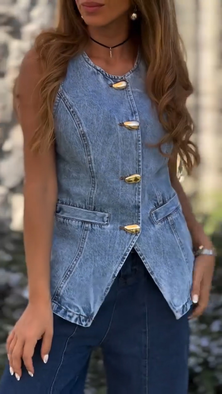 Ladies Round Neck Spliced Buckle Casual Top