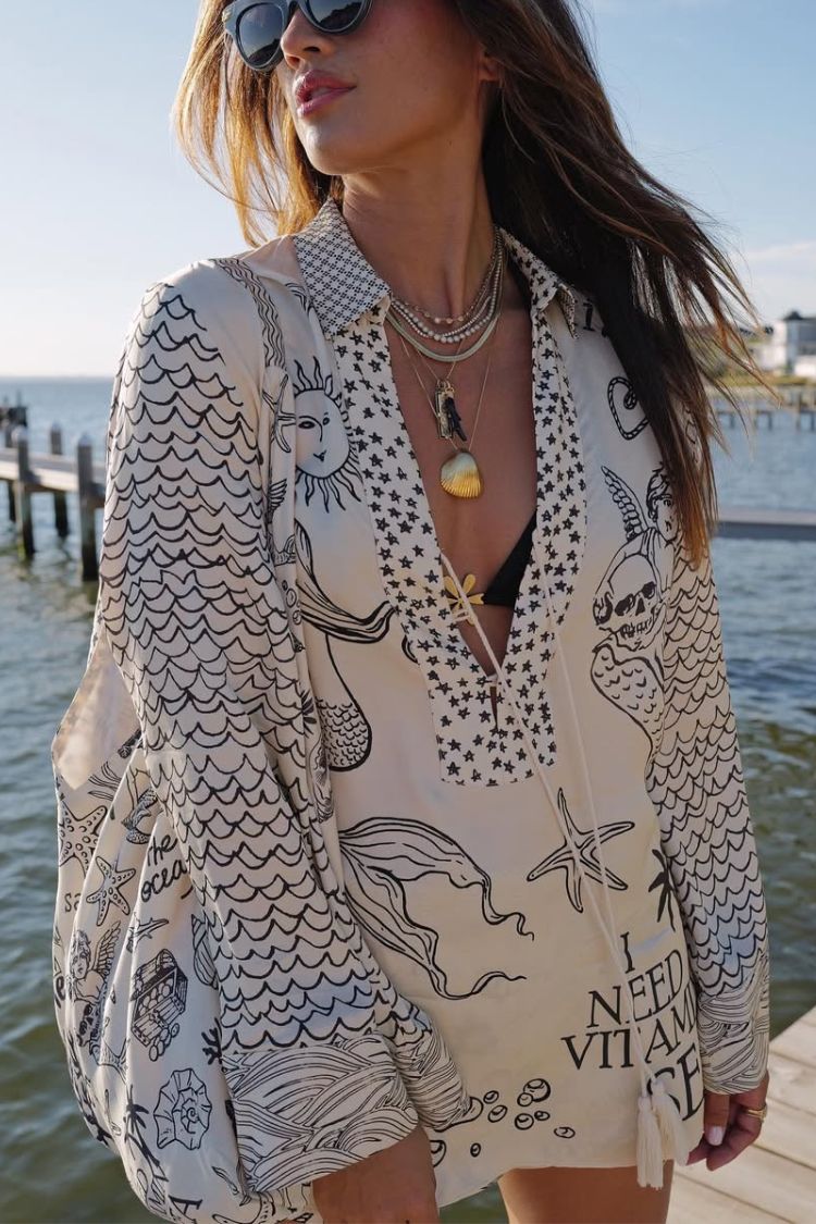 Satin Unique Print Tassel Shirt and Elastic Waist Shorts Set