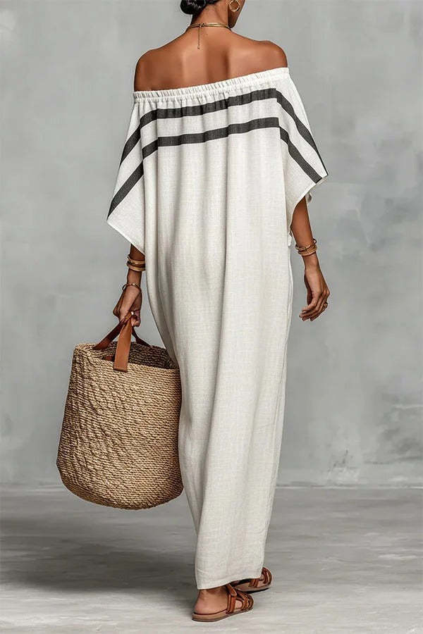 Bella Linen Blend Striped Print Off Shoulder Half Wide Sleeve Loose Maxi Dress