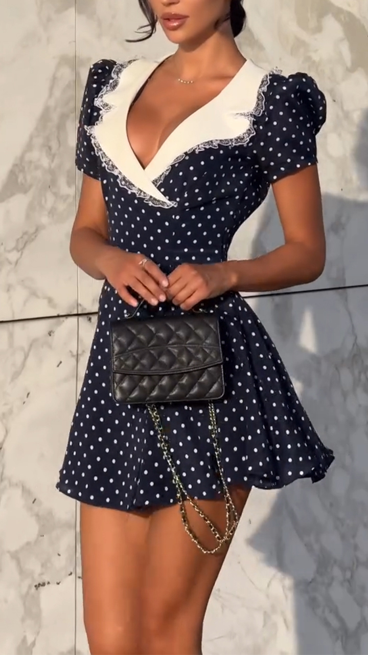 Ladies' Lapel Wave Dot Printing Casual Dress