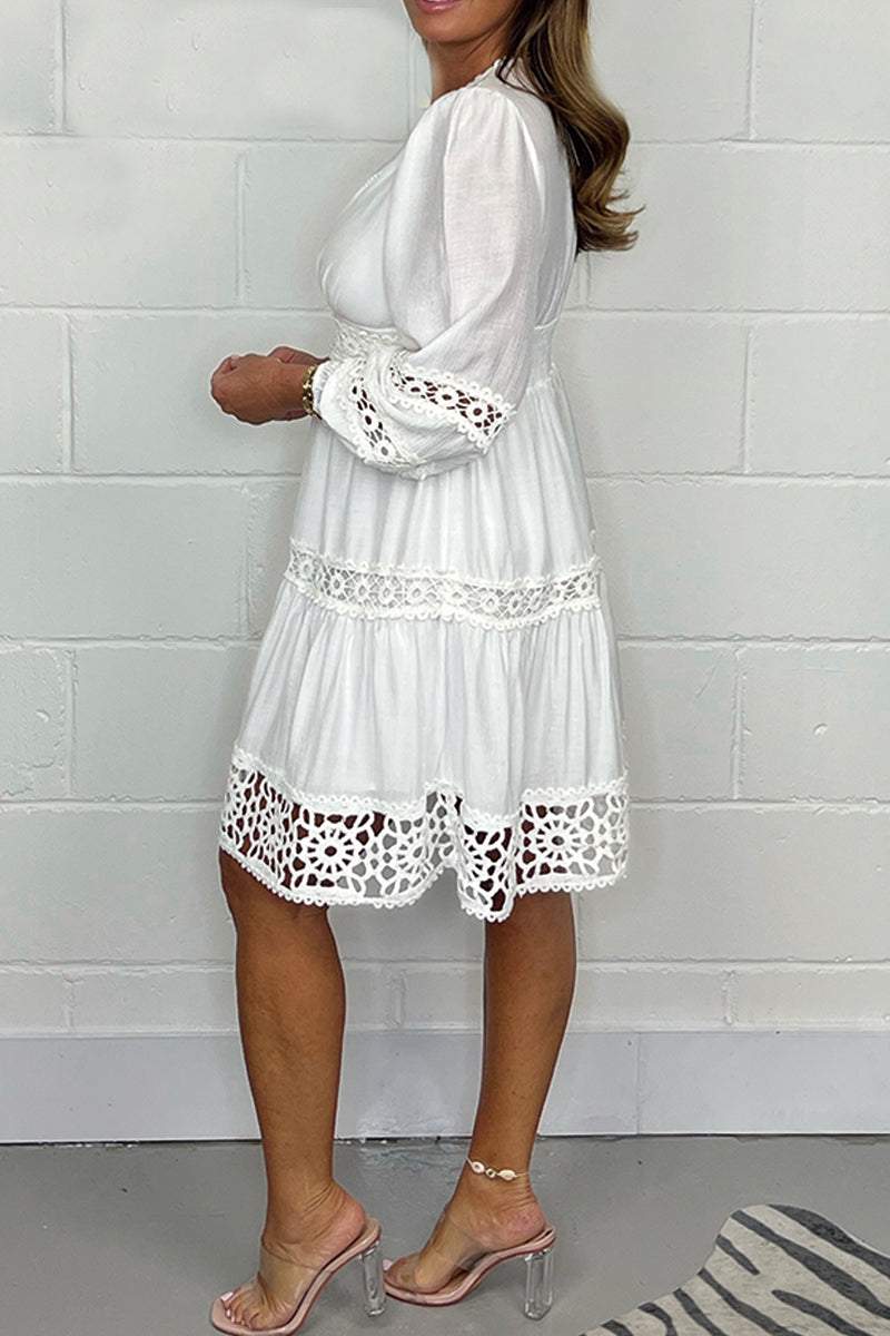 Women Summer Elegant Dress Work V-neck Lace Cotton Midi Dress