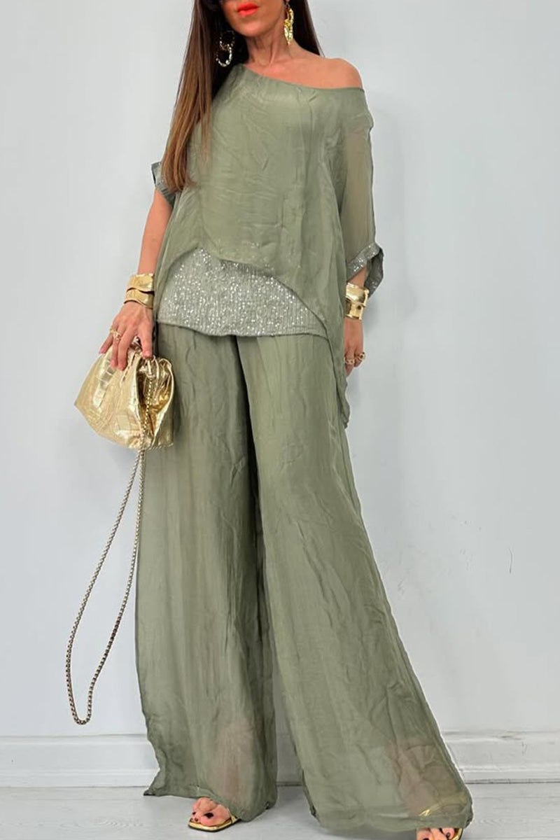 Women's Round Neck Short Sleeve Sequined Trousers Casual Suit