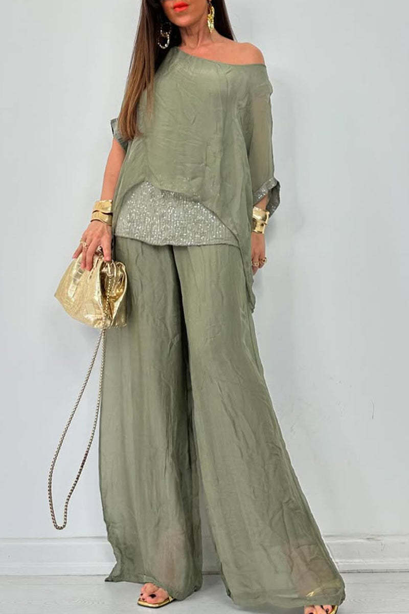 Women's Round Neck Short Sleeve Sequined Trousers Casual Suit