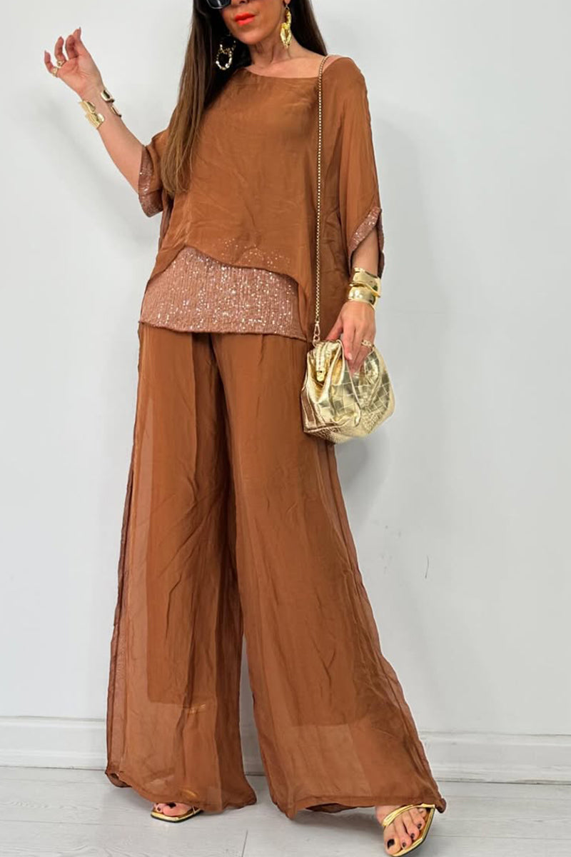 Women's Round Neck Short Sleeve Sequined Trousers Casual Suit