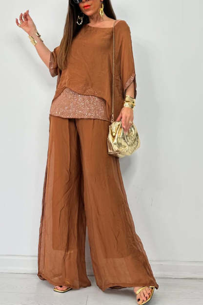 Women's Round Neck Short Sleeve Sequined Trousers Casual Suit