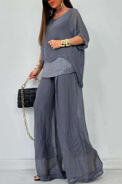 Women's Round Neck Short Sleeve Sequined Trousers Casual Suit