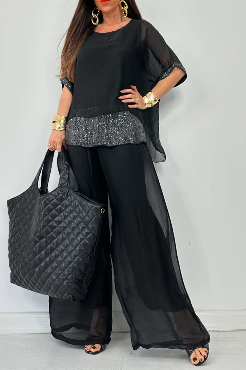 Women's Round Neck Short Sleeve Sequined Trousers Casual Suit