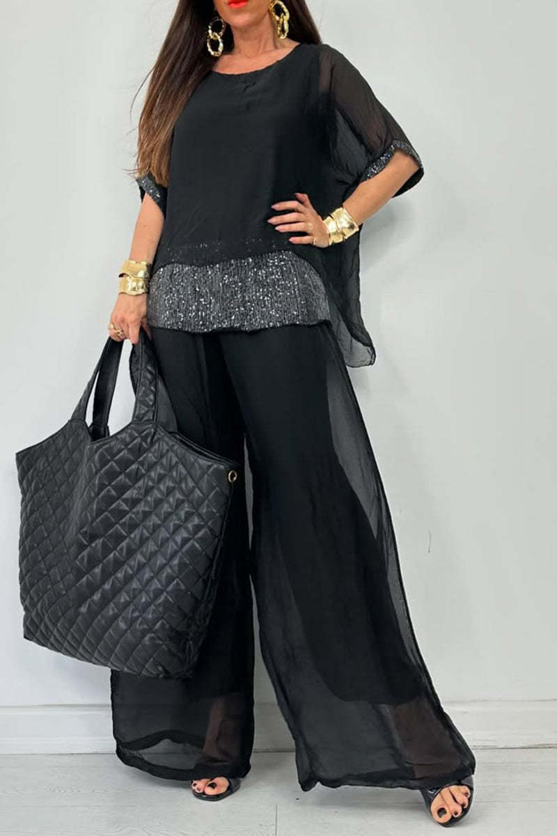 Women's Round Neck Short Sleeve Sequined Trousers Casual Suit