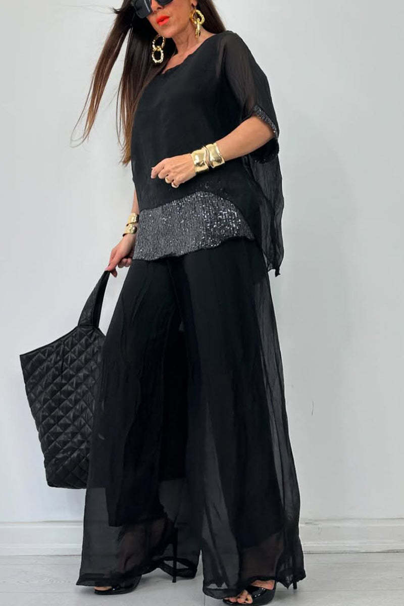 Women's Round Neck Short Sleeve Sequined Trousers Casual Suit