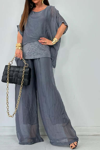 Women's Round Neck Short Sleeve Sequined Trousers Casual Suit