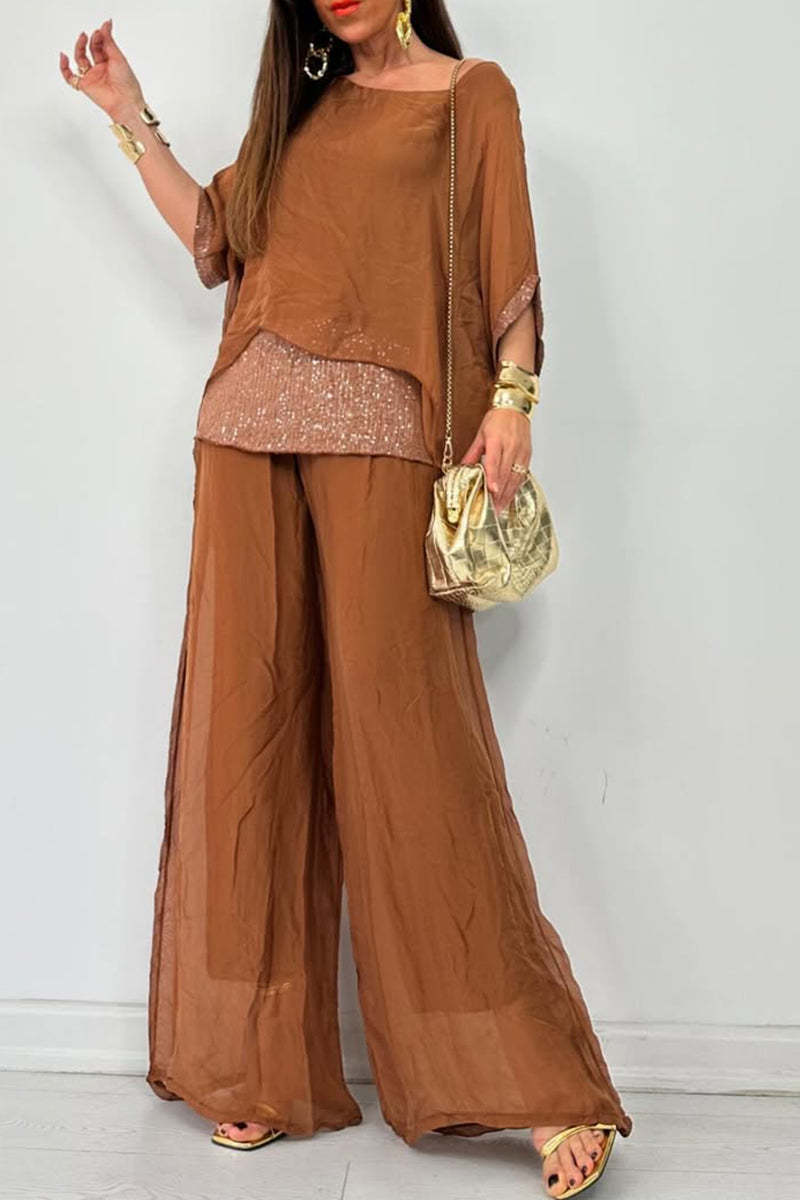 Women's Round Neck Short Sleeve Sequined Trousers Casual Suit