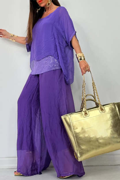 Women's Round Neck Short Sleeve Sequined Trousers Casual Suit