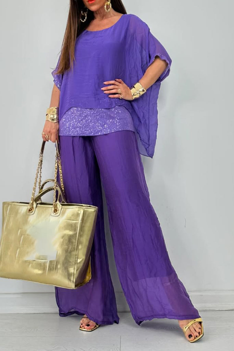 Women's Round Neck Short Sleeve Sequined Trousers Casual Suit