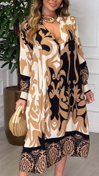 Women's V-neck Printed Loose Maxi Dress