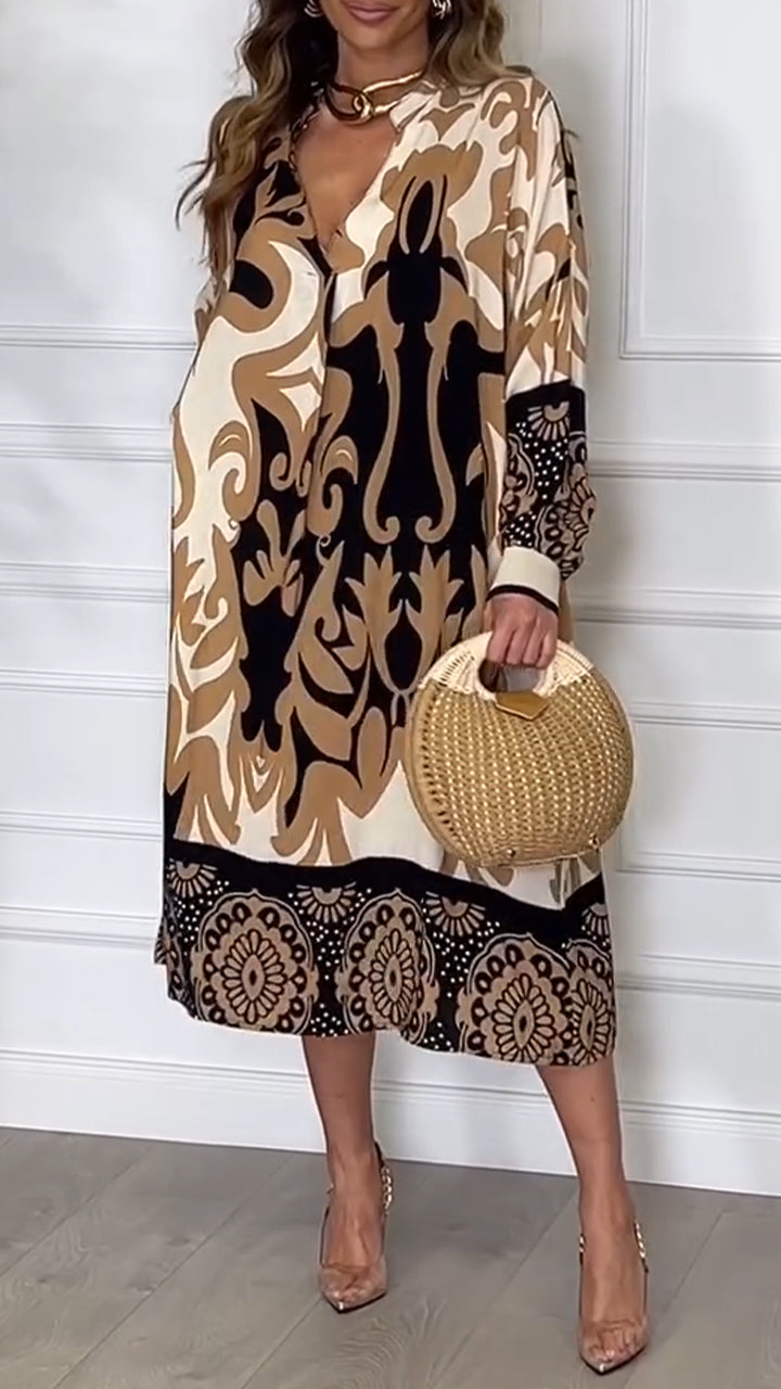 Women's V-neck Printed Loose Maxi Dress