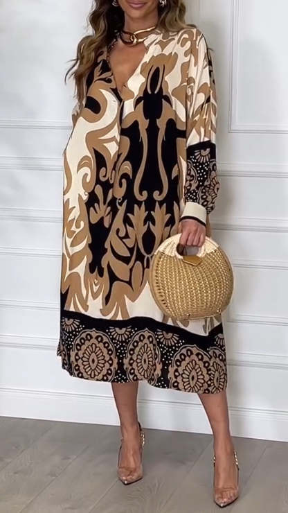 Women's V-neck Printed Loose Maxi Dress
