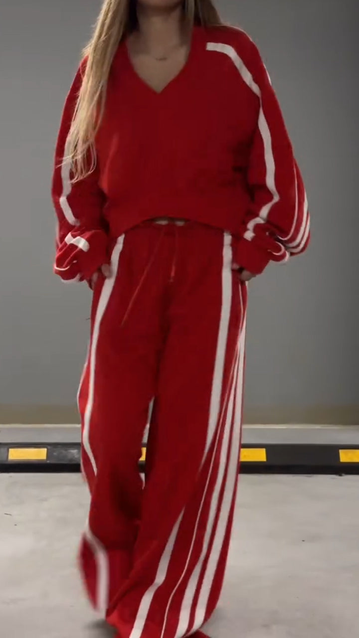 Women's V-neck Striped Casual Suit