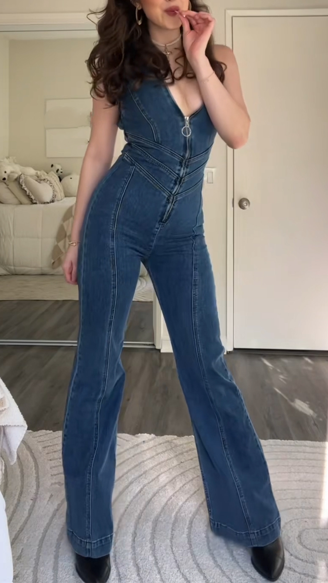 Women's V-neck Zipper Splicing Slim Casual Jumpsuit