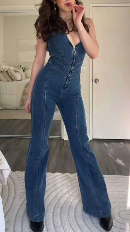 Women's V-neck Zipper Splicing Slim Casual Jumpsuit