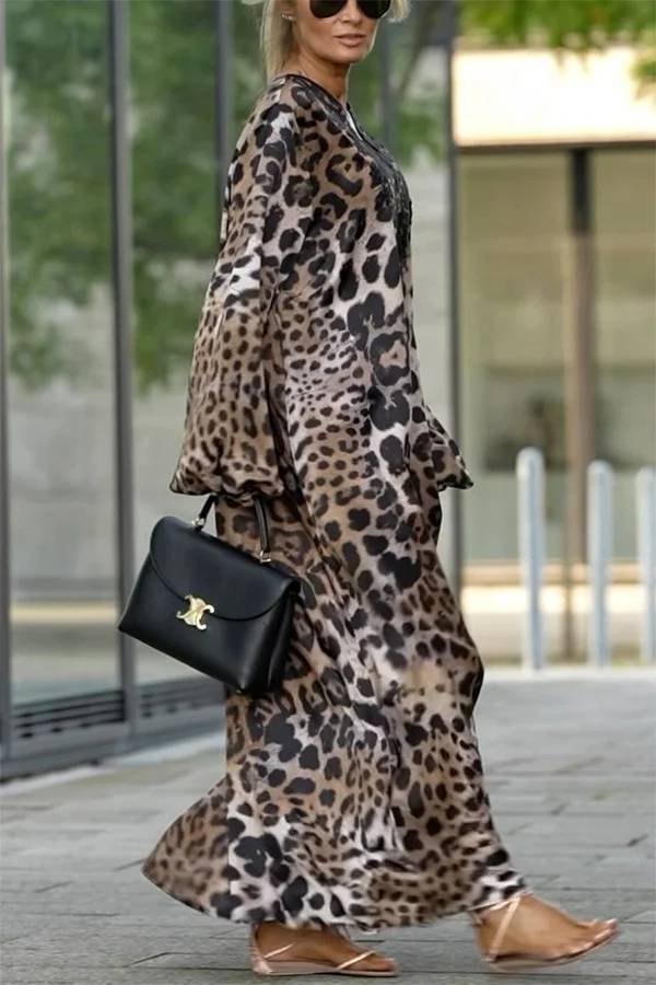 Lace Mixed Leopard Print Balloon Sleeve A-line Maxi Dress