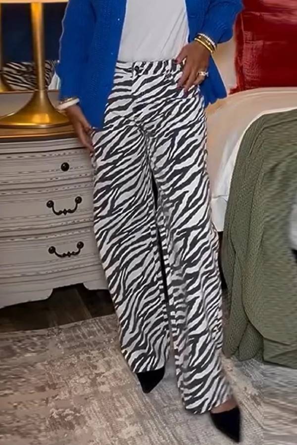 Women's Black and White Zebra Print Casual Wide Leg Pants