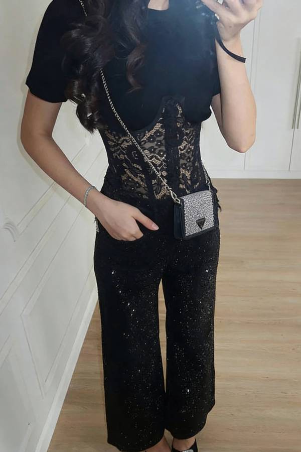 Lace Fishbone Short Sleeve Back Lace-up Waisted T-shirt