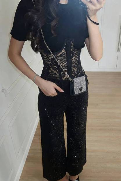 Lace Fishbone Short Sleeve Back Lace-up Waisted T-shirt