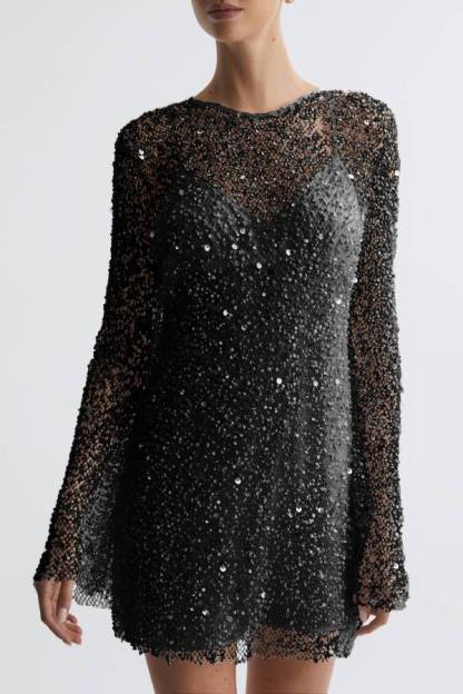 Sparkling Sequin Mesh Long-Sleeve Short Evening Dress