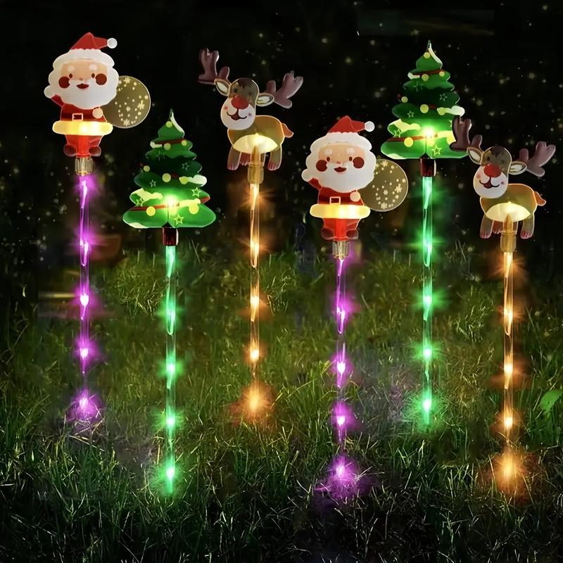 6-Pack Solar Christmas Decorative Lights Christmas-Themed LED Fairy Lights Featuring Santa Claus, Christmas Trees, and Reindeer Plastic Material IP44 Waterproof Rating Ideal for Lawn and Garden Pathway Decorations Holiday Decorations