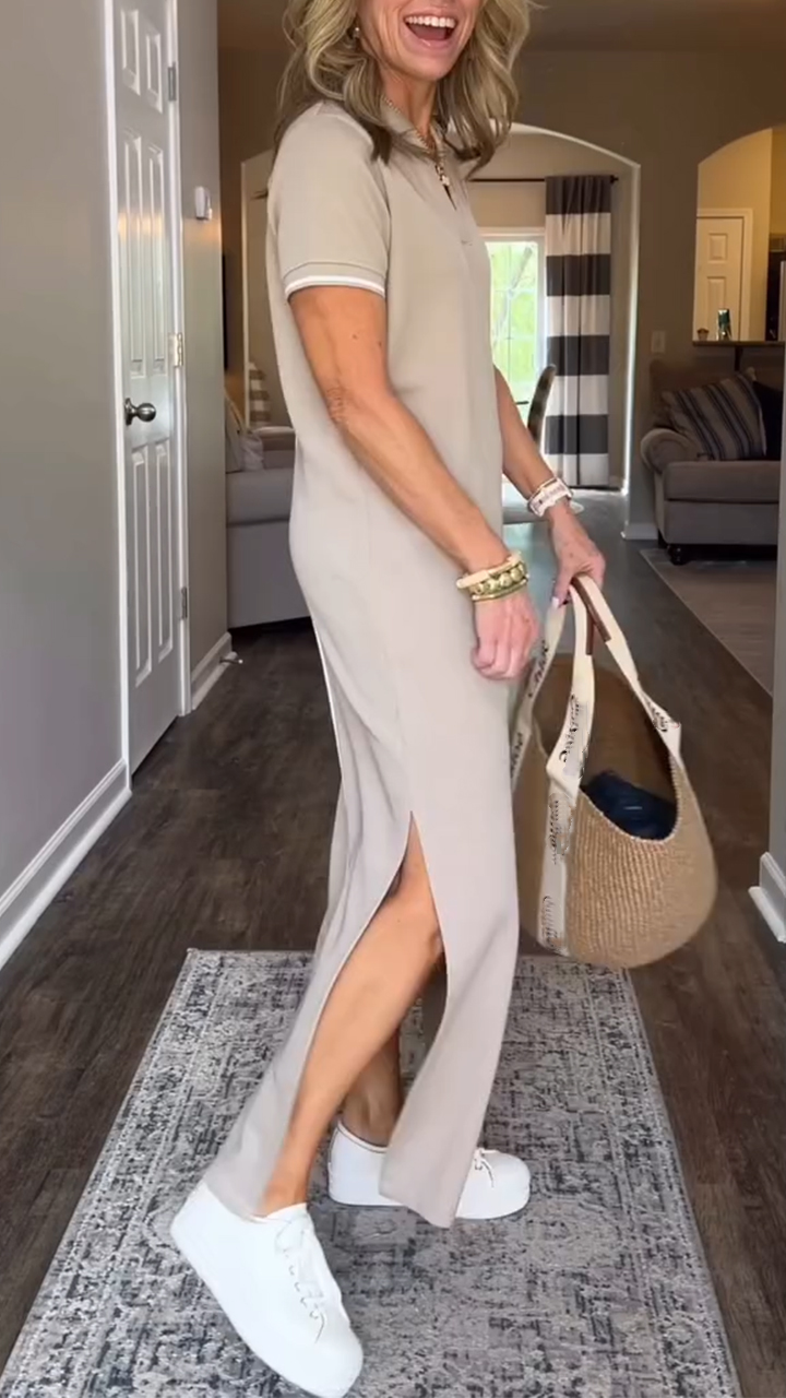 Women's Lapel Slit Long Casual Dress