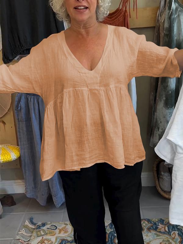 Women's Linen V-neck Solid Color Mid-sleeve Top