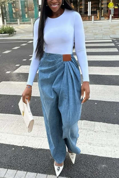Stylish Pleated Casual Pocket Wide-leg Jeans