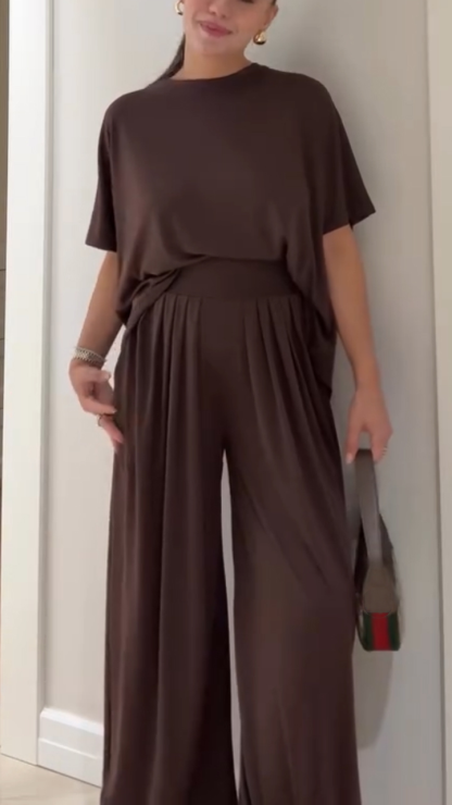 Women's Round Neck Top + Pants Solid Color Loose Casual Suit