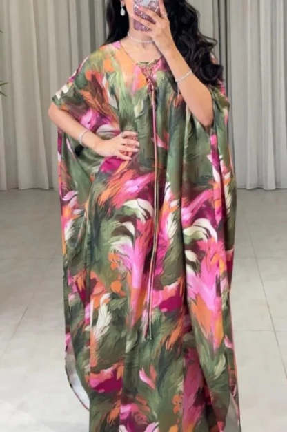 Unique Printed Loose V-Neck Kaftan Robe Maxi Dress