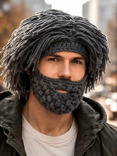 Punk Style Beanie with Attached Straight Hair Wig and Knitted Beard