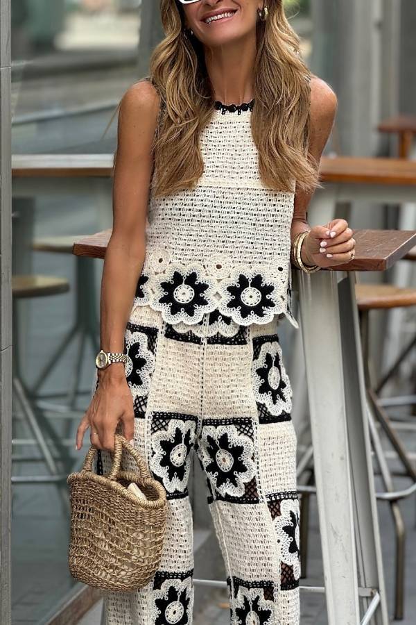 Black and White Crochet Knit Set