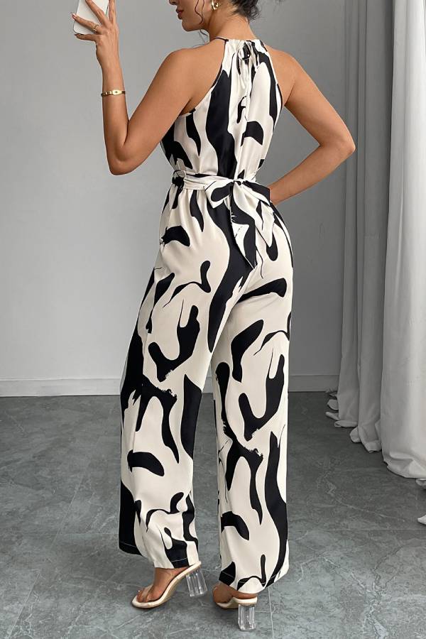 Abstract Print Halter Neck Wide-Leg Jumpsuit