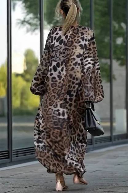 Lace Mixed Leopard Print Balloon Sleeve A-line Maxi Dress