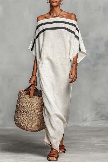 Bella Linen Blend Striped Print Off Shoulder Half Wide Sleeve Loose Maxi Dress