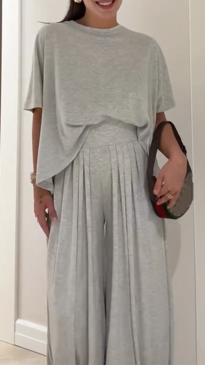 Women's Round Neck Top + Pants Solid Color Loose Casual Suit