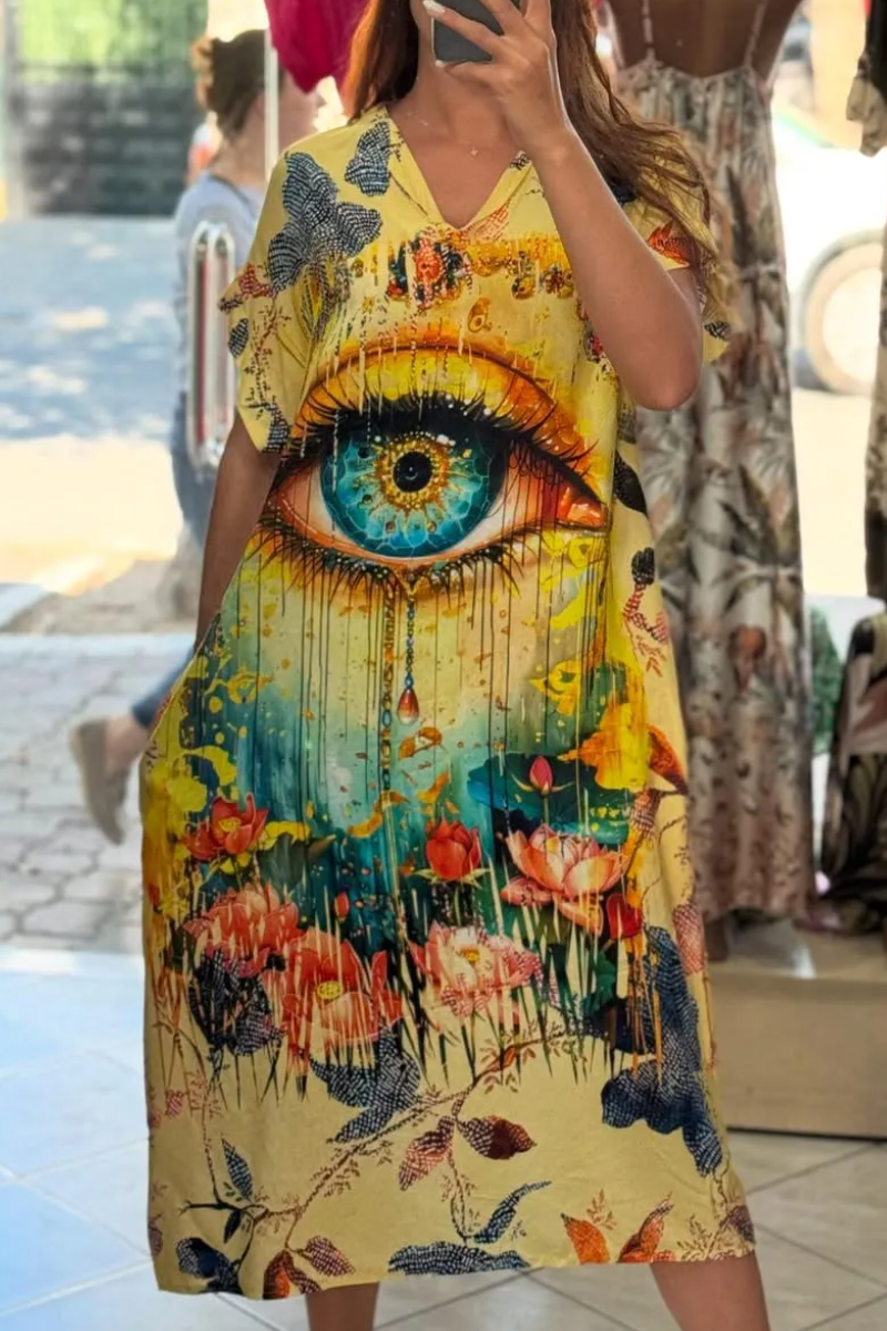 Ladies' V-neck Colorful Printed Loose Casual Dress