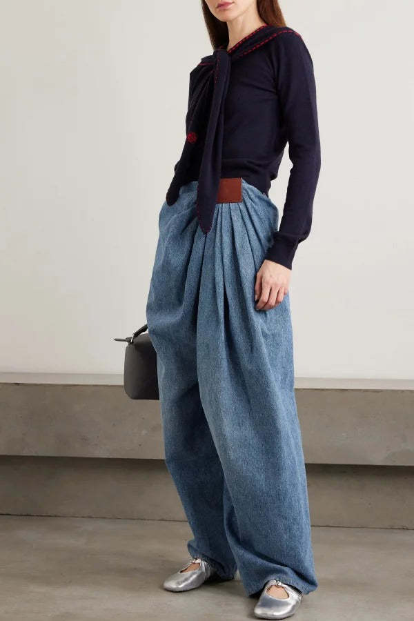 Stylish Pleated Casual Pocket Wide-leg Jeans