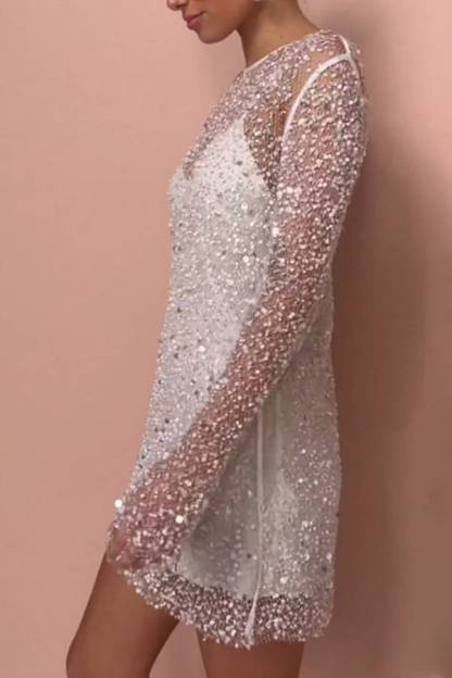 Sparkling Sequin Mesh Long-Sleeve Short Evening Dress