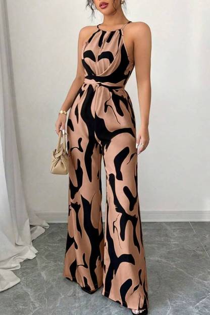 Abstract Print Halter Neck Wide-Leg Jumpsuit