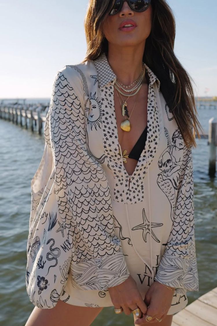 Satin Unique Print Tassel Shirt and Elastic Waist Shorts Set