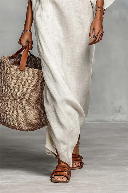 Bella Linen Blend Striped Print Off Shoulder Half Wide Sleeve Loose Maxi Dress