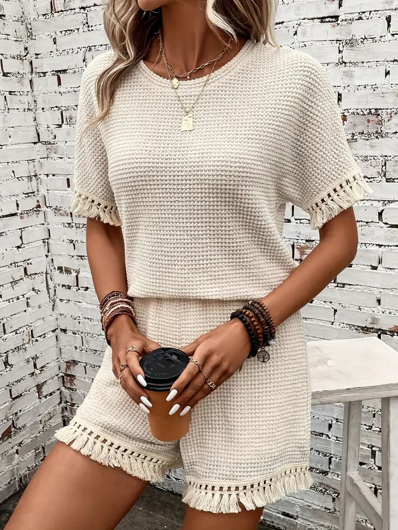 Ladies' Round Neck Patchwork Tassel Casual Set